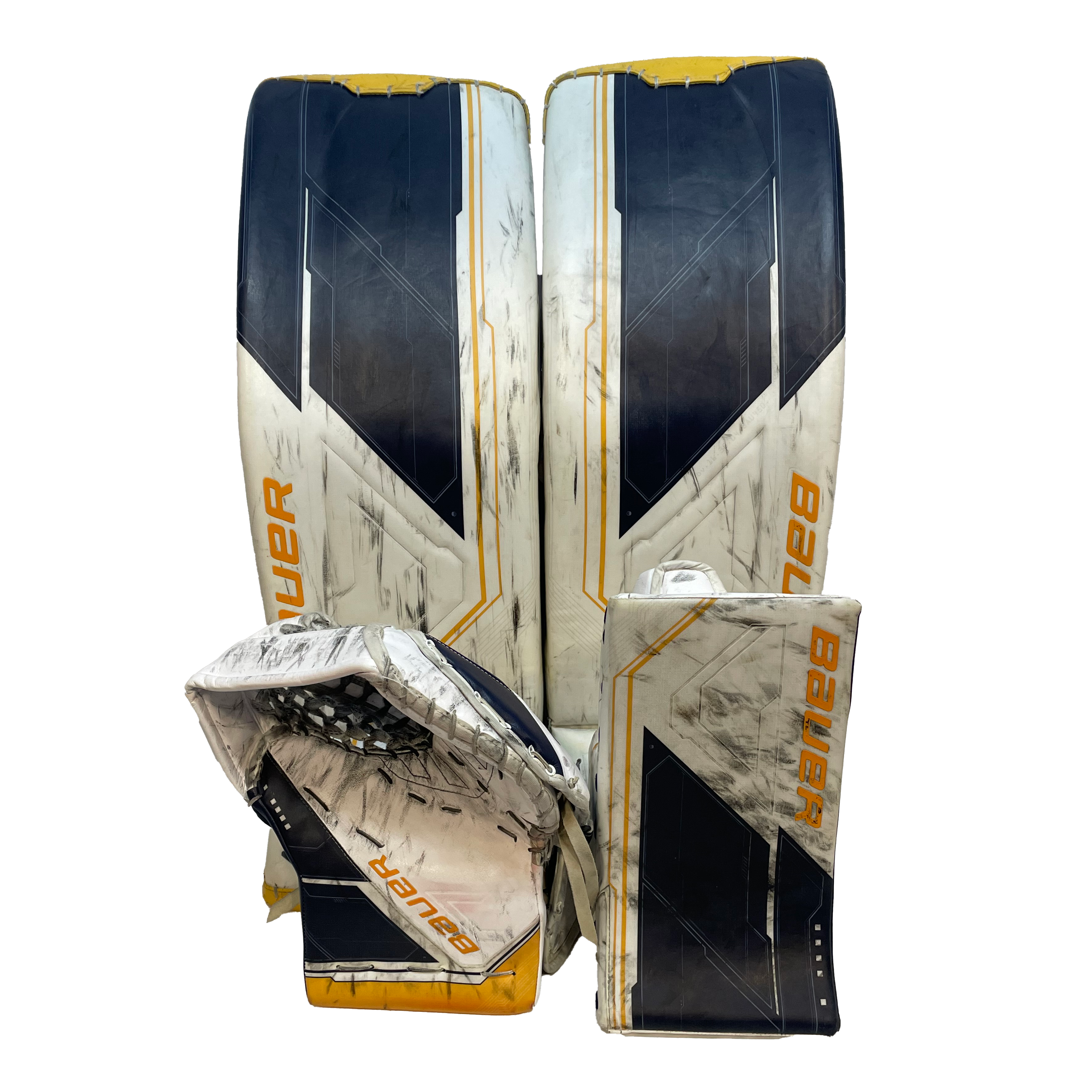 Bauer Supreme Mach - Jambières de gardien de but Pro Stock d'occasion (blanc/bleu marine/jaune)